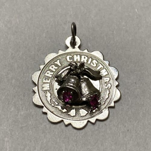 Vintage Sterling Silver Merry Christmas Two Bells Charm/Pendant W/ Purple Stone