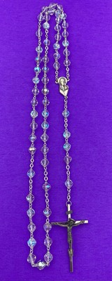 Vtg Aurora Borealis Crystal Faceted Glass Rosary ITALY, Virgin Mary Christianity - Image 5