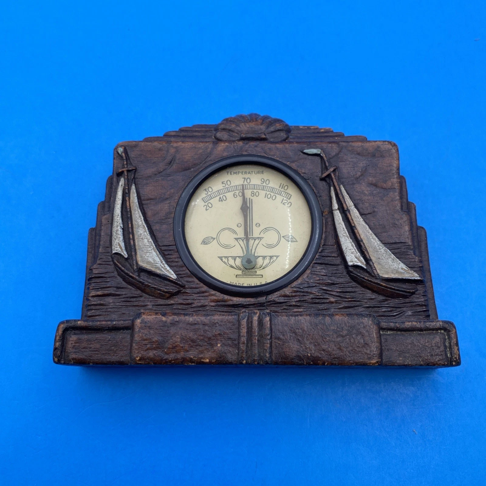Syroco Art Deco Nautical Sailboat Desktop Thermometer 1930s Comp Wood USA Shells - Image 11