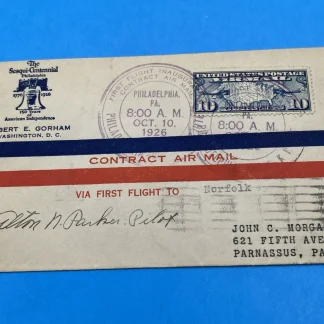 1926 CAM-15 First Flight Phila–Norfolk Gorham Cachet C7, Signed Alton N. Parker