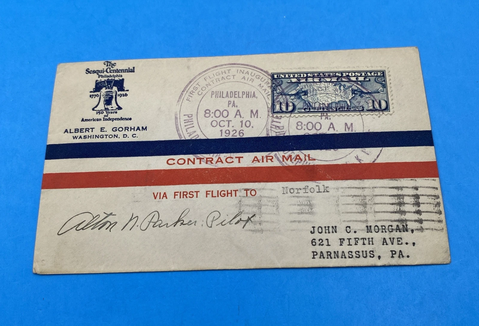 1926 CAM-15 First Flight Phila–Norfolk Gorham Cachet C7, Signed Alton N. Parker