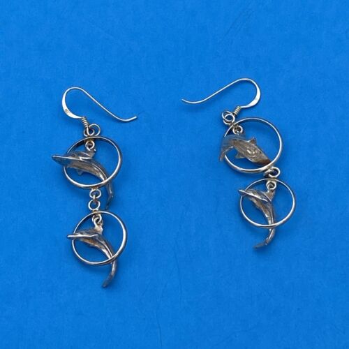 VINTAGE .925 Sterling Silver Dual Floating Dolphin Hoop Earrings, French Wires - Image 2